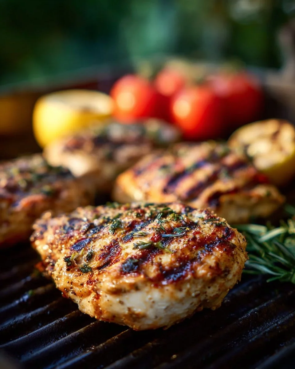 Grilled lemon chicken garnished with fresh herbs on a plate