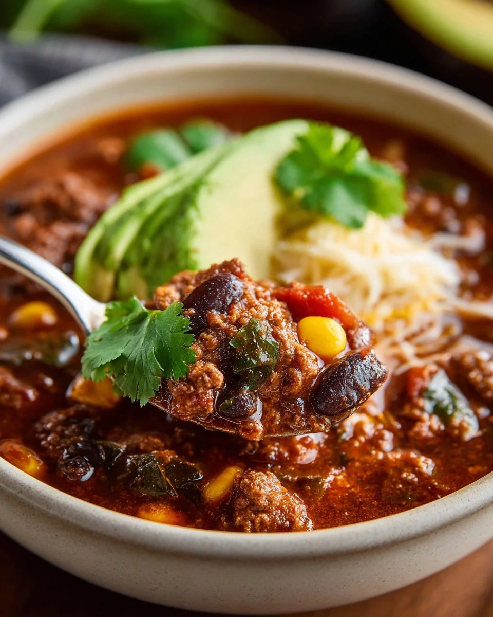 Bowl of ground beef chili cooked in a slow cooker with fresh toppings