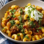 Delicious ground beef skillet pasta topped with pesto and ricotta