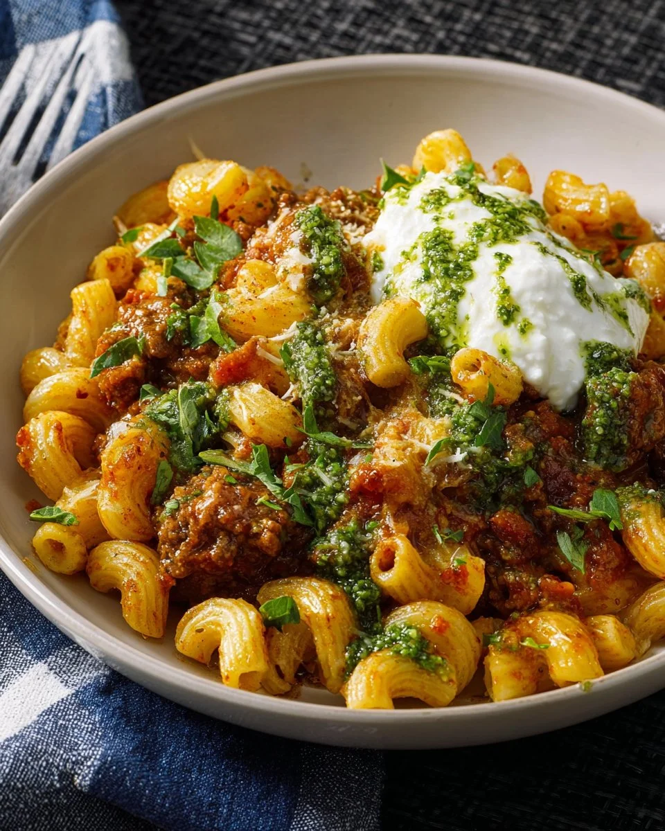 Delicious ground beef skillet pasta topped with pesto and ricotta
