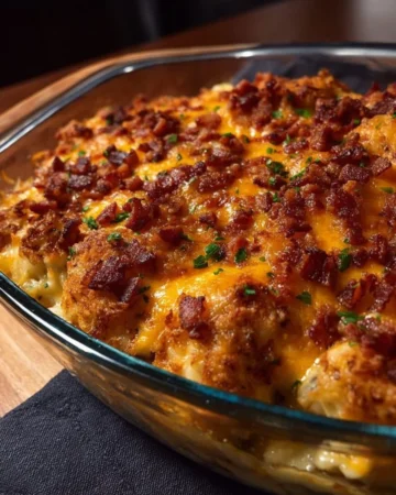 Delicious Hamburger Tater Tot Casserole topped with Bacon and Cheese