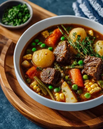 Bowl of hearty beef soup with vegetables, ready to serve for a wholesome meal.