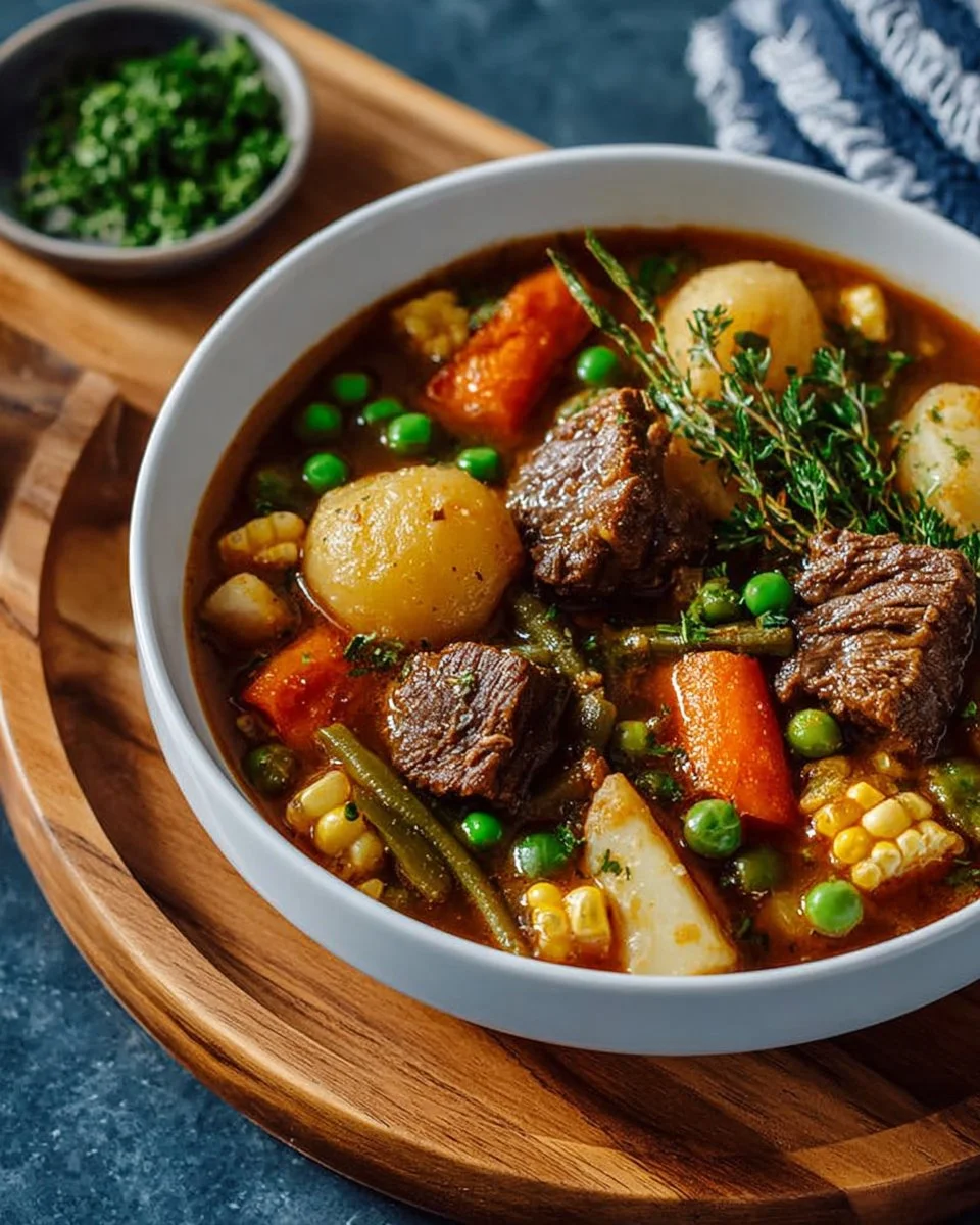 Bowl of hearty beef soup with vegetables, ready to serve for a wholesome meal.