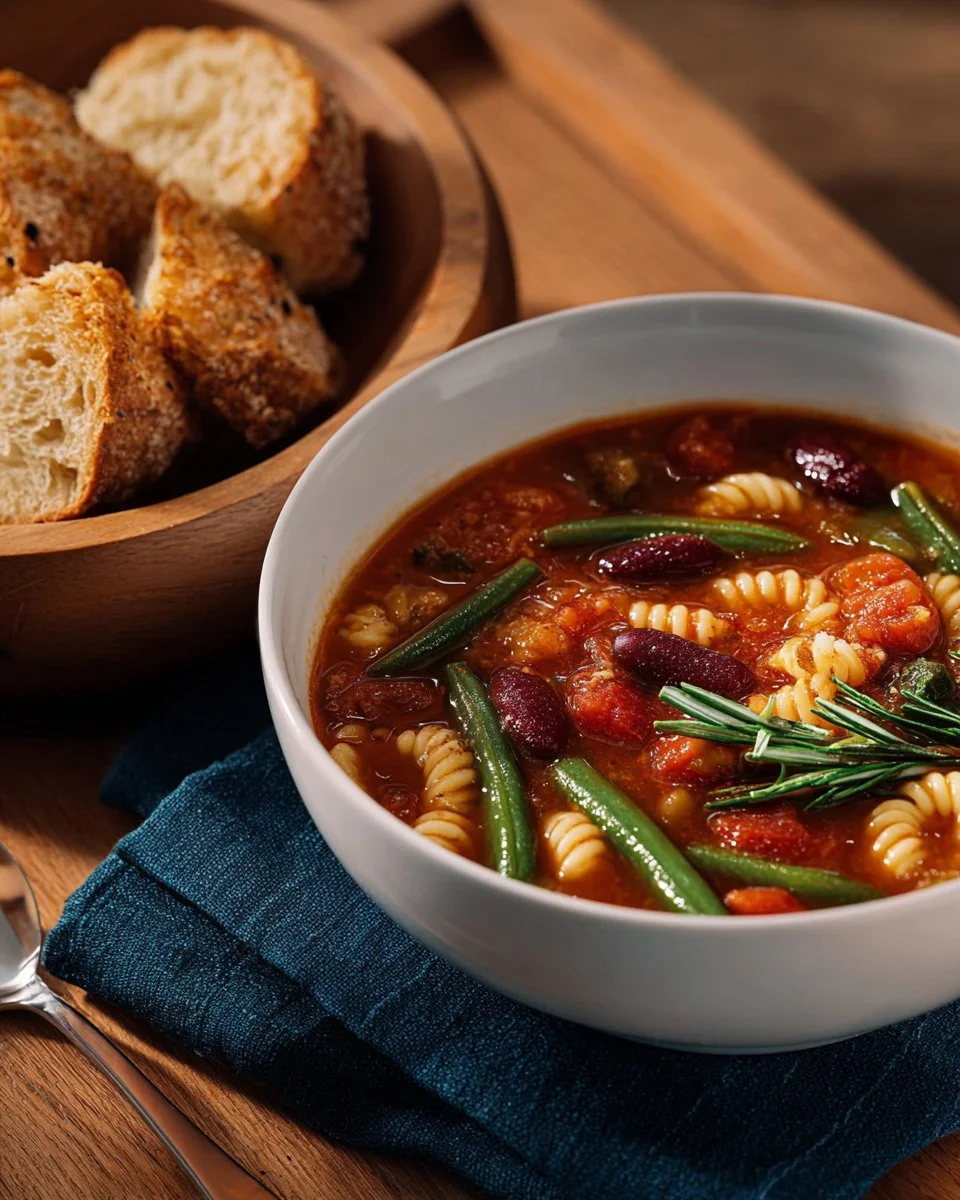 Bowl of hearty minestrone soup with vegetables, beans, and pasta