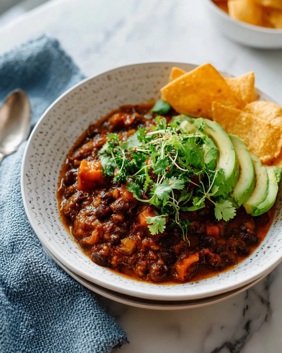Bowl of homemade vegetarian chili filled with beans, vegetables, and spices