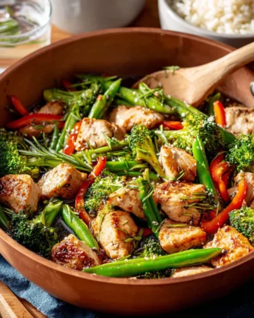 Honey Garlic Chicken Stir Fry with vegetables in a frying pan