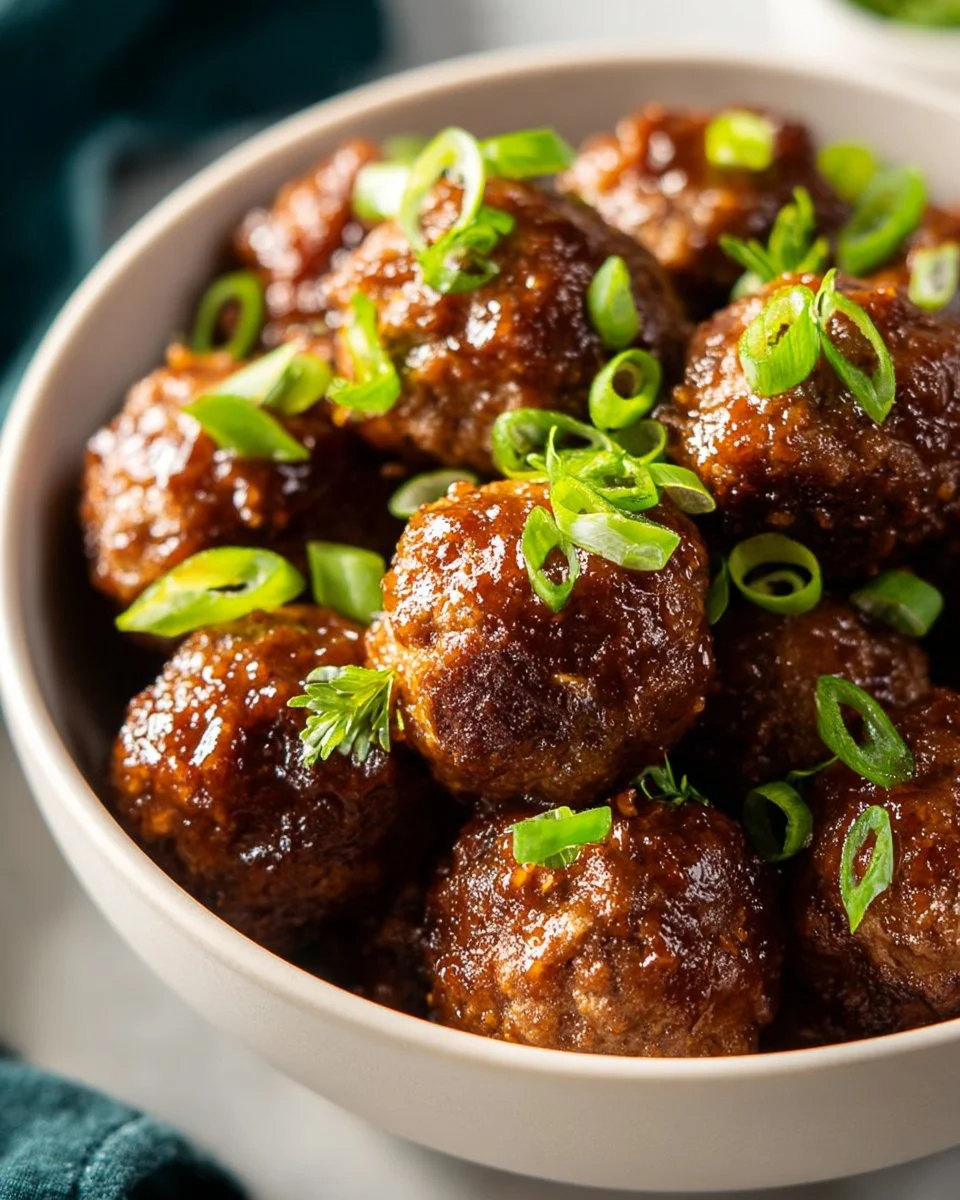 Delicious honey garlic meatballs served on a plate with garnish.