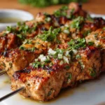 Grilled honey mustard chicken skewers on a platter with fresh herbs