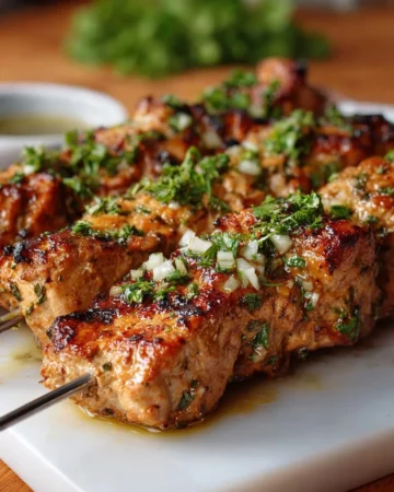 Grilled honey mustard chicken skewers on a platter with fresh herbs