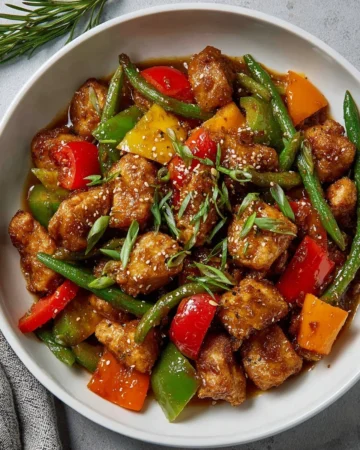 Delicious Hunan chicken dish served with vegetables and spicy sauce