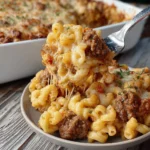 Italian Beef Casserole topped with melted cheese and herbs in a baking dish