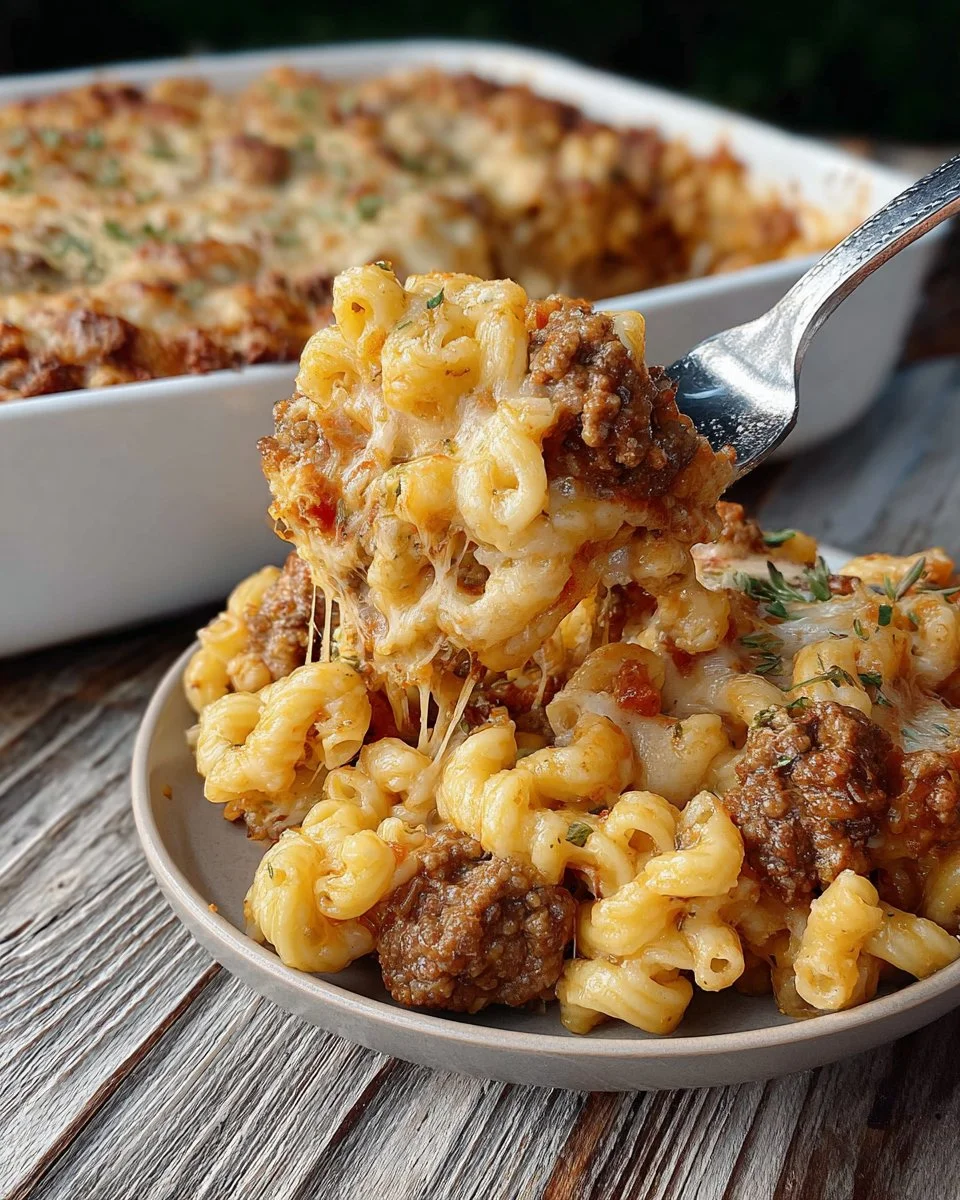 Italian Beef Casserole topped with melted cheese and herbs in a baking dish