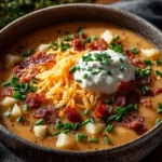 A bowl of hearty loaded baked potato soup topped with cheese and bacon.