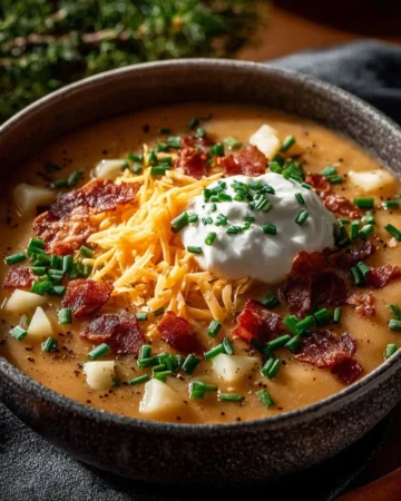 A bowl of hearty loaded baked potato soup topped with cheese and bacon.