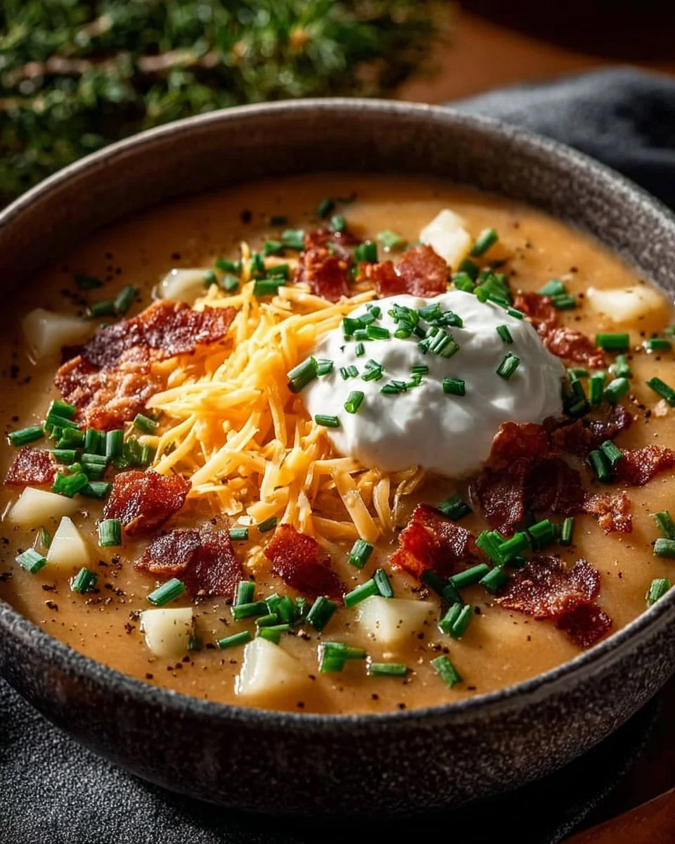 A bowl of hearty loaded baked potato soup topped with cheese and bacon.