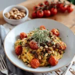 Mediterranean mashed potatoes topped with grilled tomatoes on a plate.