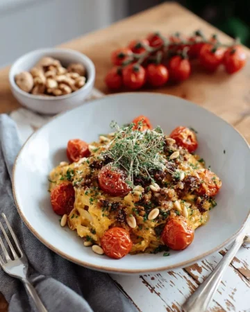 Mediterranean mashed potatoes topped with grilled tomatoes on a plate.