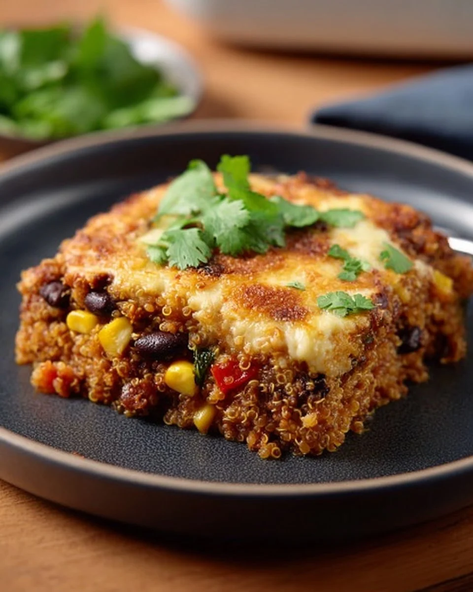 Delicious Mexican Quinoa Bake topped with fresh herbs and cheese