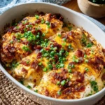 Delicious Million Dollar Chicken Bake ready to serve with creamy sauce and toppings.