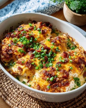 Delicious Million Dollar Chicken Bake ready to serve with creamy sauce and toppings.