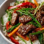 Mongolian Beef Stir Fry with vibrant vegetables and tender beef slices