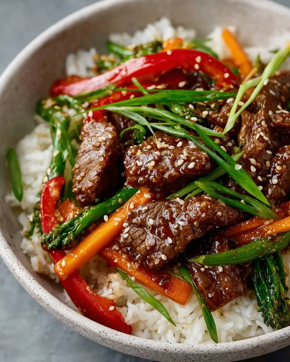 Mongolian Beef Stir Fry with vibrant vegetables and tender beef slices