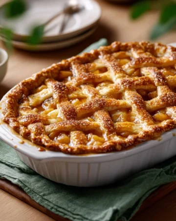 Delicious Old Fashioned Peach Cobbler served in a cast iron dish