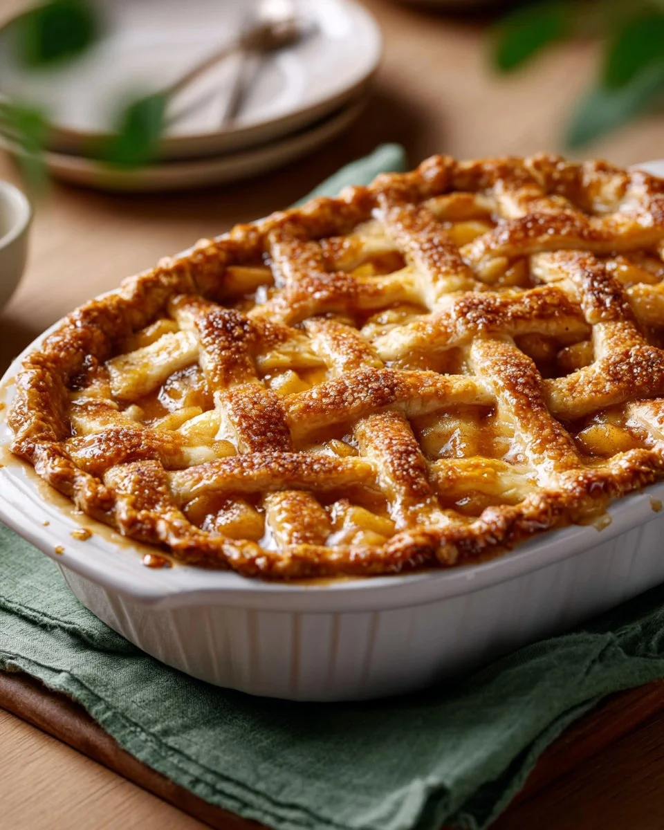 Delicious Old Fashioned Peach Cobbler served in a cast iron dish