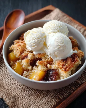 Delicious Old Fashioned Peach Cobbler dessert served in a rustic dish