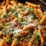 One Pan Creamy Tomato Pasta dish with fresh ingredients and rich sauce