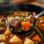 Delicious one pot beef stew garnished with fresh herbs and vegetables