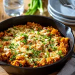 Delicious One Pot Buffalo Chicken and Rice Casserole topped with cheese and green onions