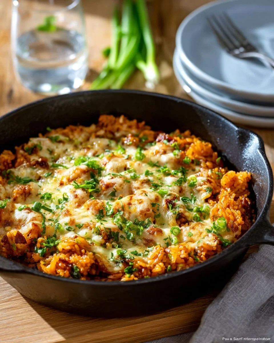 Delicious One Pot Buffalo Chicken and Rice Casserole topped with cheese and green onions