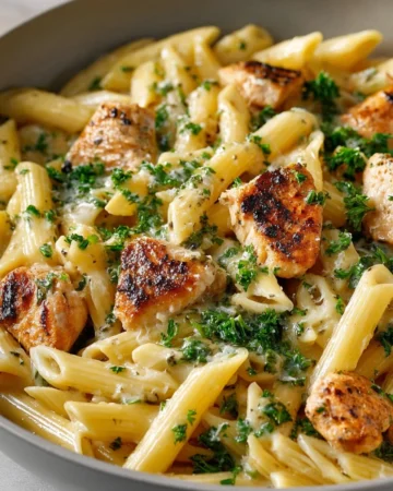 One-Pot Chicken Alfredo Casserole dish in a baking pan, ready to serve.