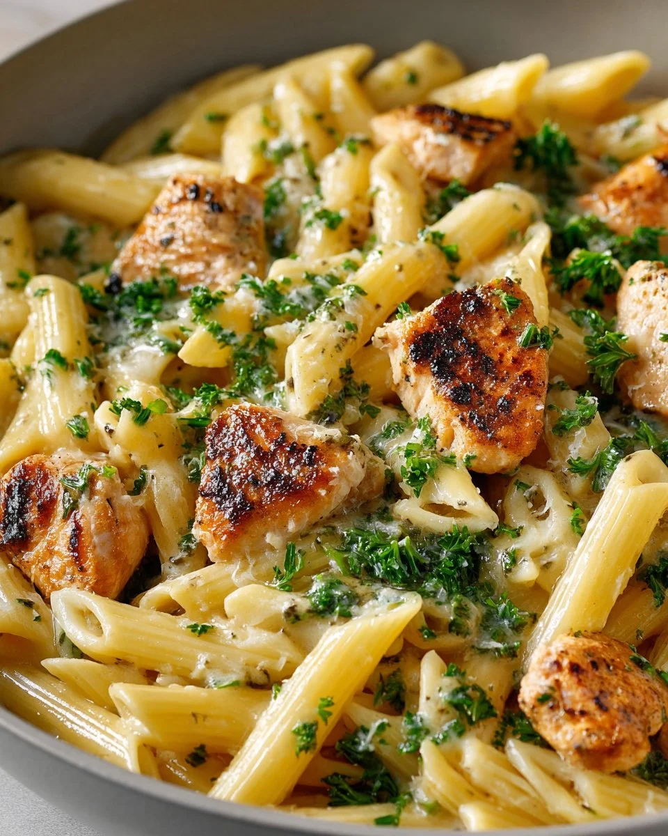 One-Pot Chicken Alfredo Casserole dish in a baking pan, ready to serve.