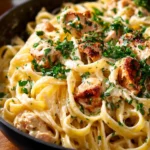 Delicious one pot chicken fettuccine alfredo served in a bowl