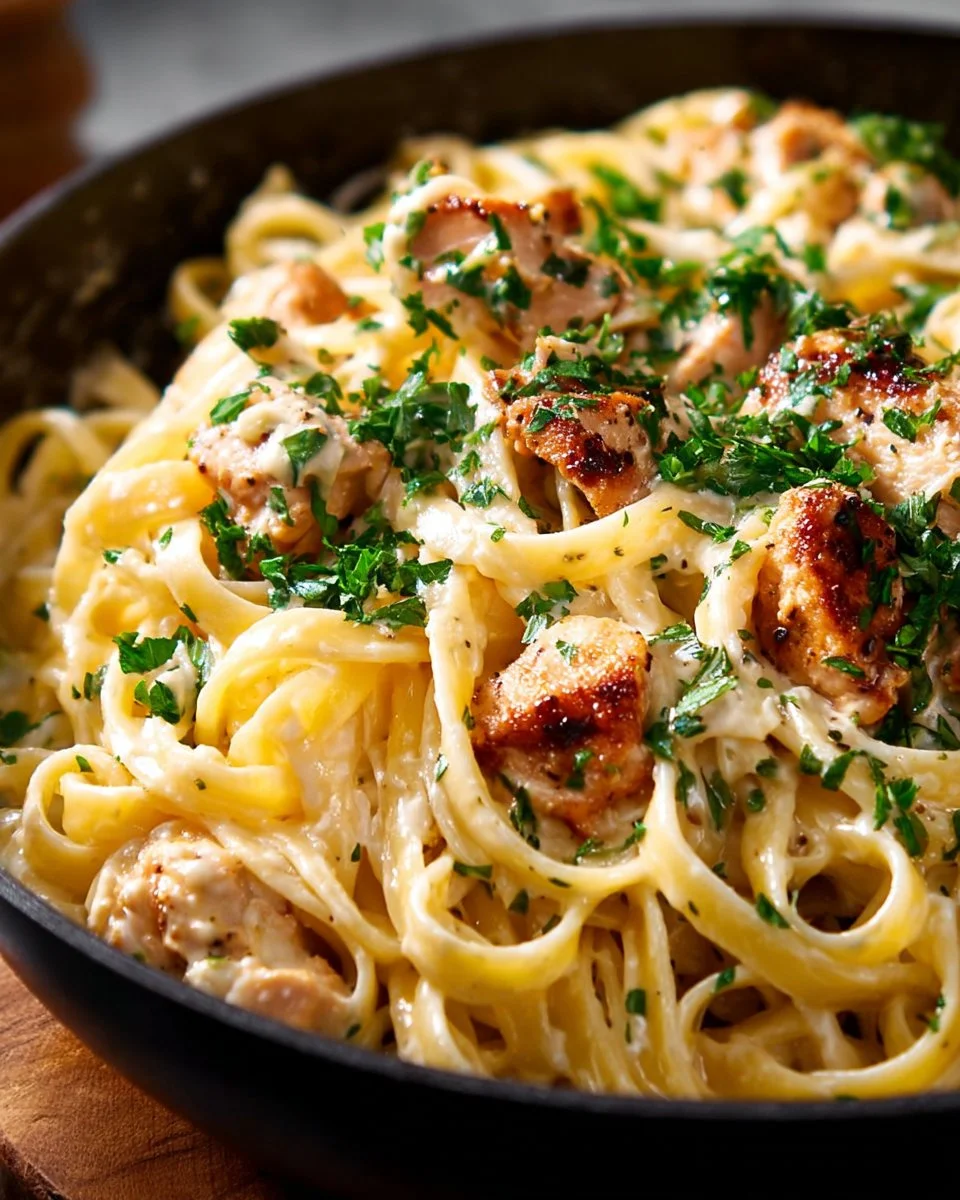 Delicious one pot chicken fettuccine alfredo served in a bowl