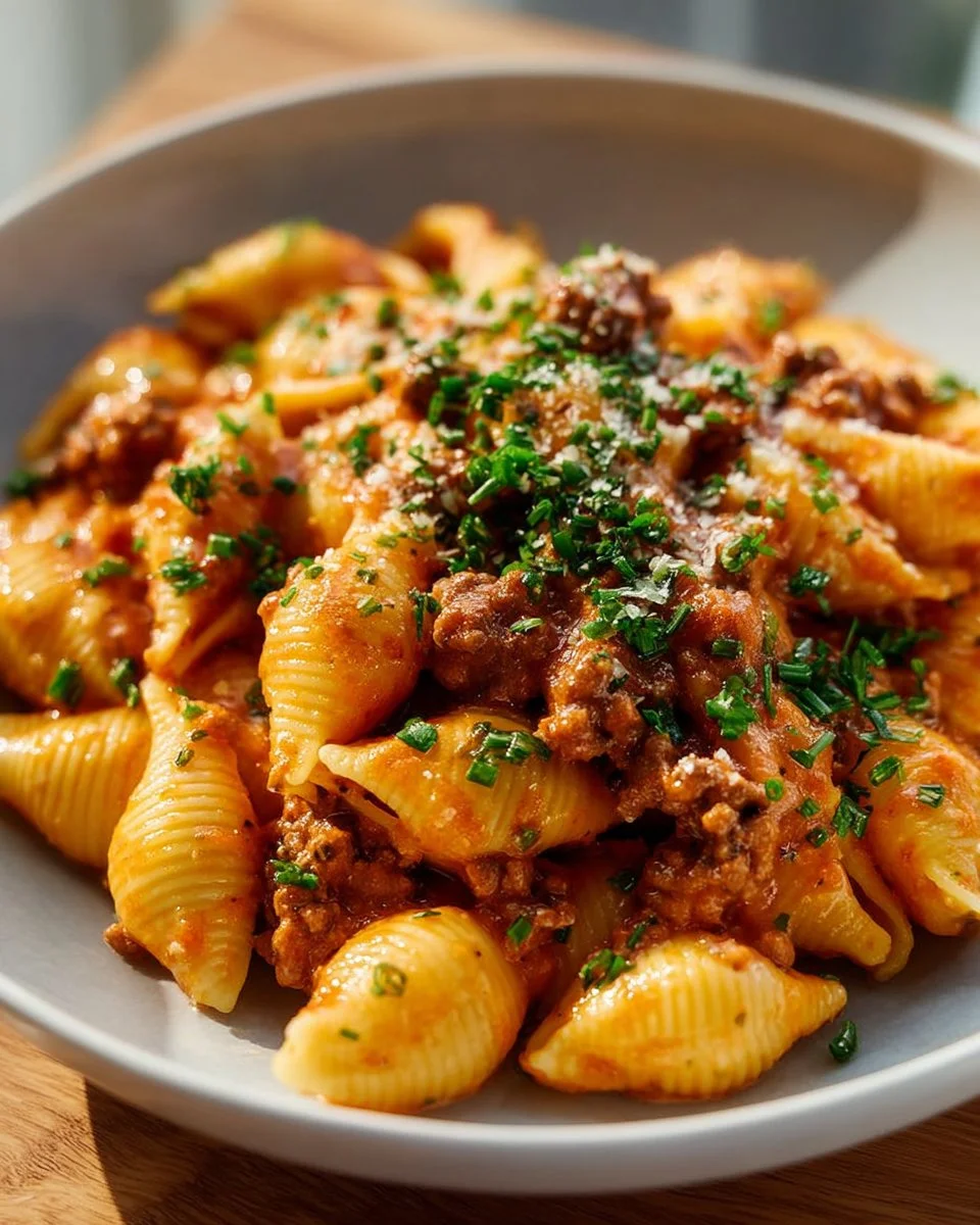 One Pot Creamy Beef Pasta ready to serve, showcasing a rich, creamy texture.