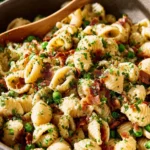 One pot pea and bacon pasta dish with fresh peas and crispy bacon