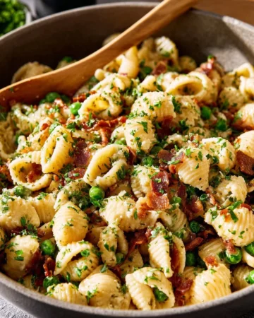 One pot pea and bacon pasta dish with fresh peas and crispy bacon
