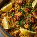 Delicious one pot saffron chicken rice served in a colorful bowl