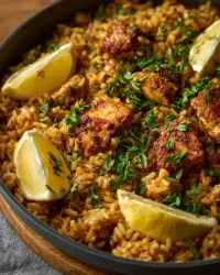 Delicious one pot saffron chicken rice served in a colorful bowl