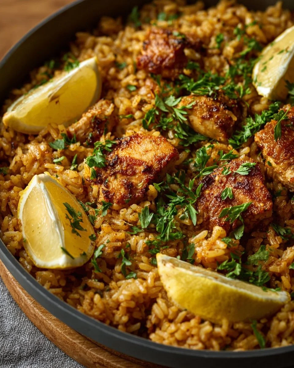 Delicious one pot saffron chicken rice served in a colorful bowl