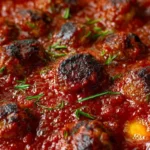 Oven BBQ Meatballs with a tangy sauce served on a platter