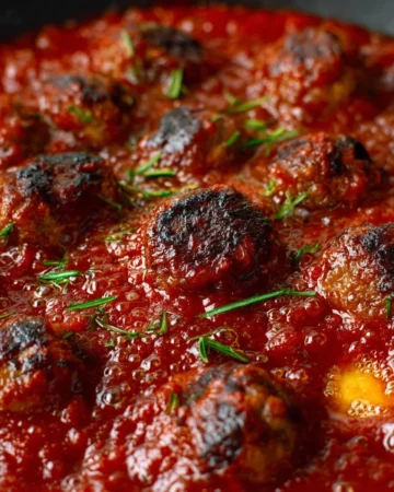 Oven BBQ Meatballs with a tangy sauce served on a platter