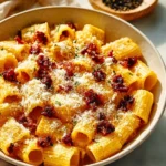 Pasta served with creamy carbonara sauce, garnished with Parmesan cheese and pepper