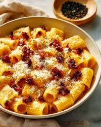 Pasta served with creamy carbonara sauce, garnished with Parmesan cheese and pepper