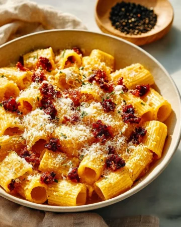Pasta served with creamy carbonara sauce, garnished with Parmesan cheese and pepper