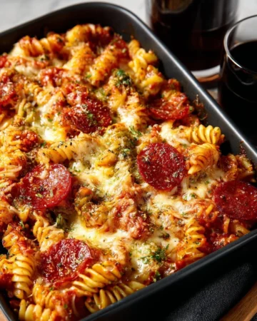 Delicious Pepperoni Pizza Casserole served in a baking dish