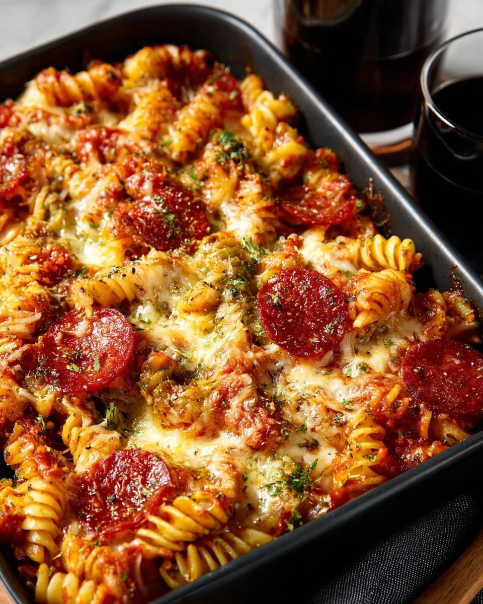 Delicious Pepperoni Pizza Casserole served in a baking dish